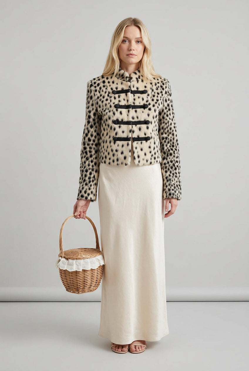 Leopard-print faux fur jacket with traditional-inspired frog closures