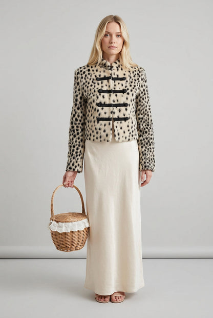 Leopard-print faux fur jacket with traditional-inspired frog closures