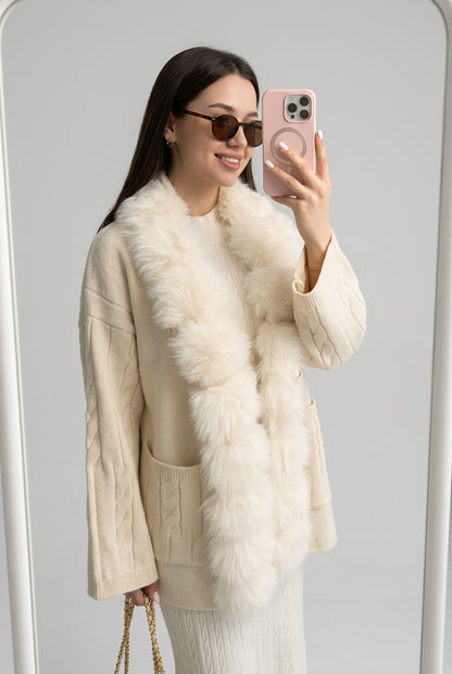 Full view of the cable-knit faux-fur-trim cardigan