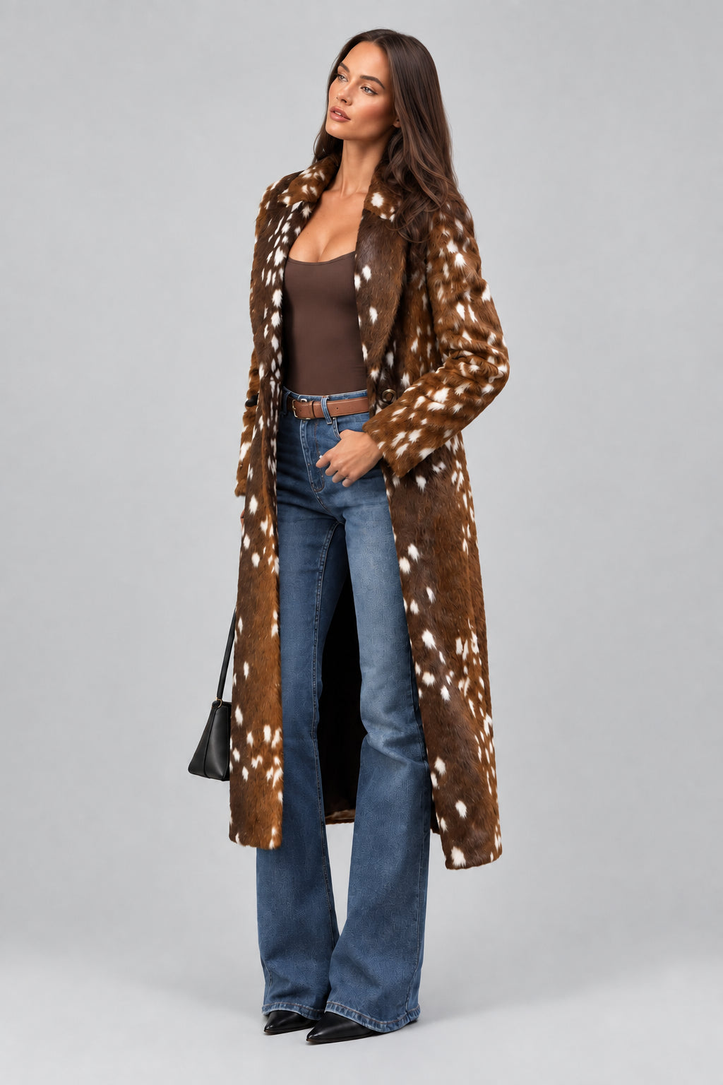 Brown deer print faux fur coat for women
Women's brown deer print faux fur coat front view
Long brown deer print faux fur coat with notched lapel
Women's oversized deer print faux fur coat
Brown faux fur coat with deer print and double-breasted front
Close-up of brown deer print faux fur coat texture
Women's long deer print faux fur coat styled for fall
Brown deer print faux fur coat back view
Side view of women's brown deer print faux fur coat
Model wearing brown deer print faux fur coat