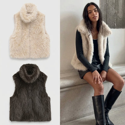 Faux fur turtleneck vest in beige, front view