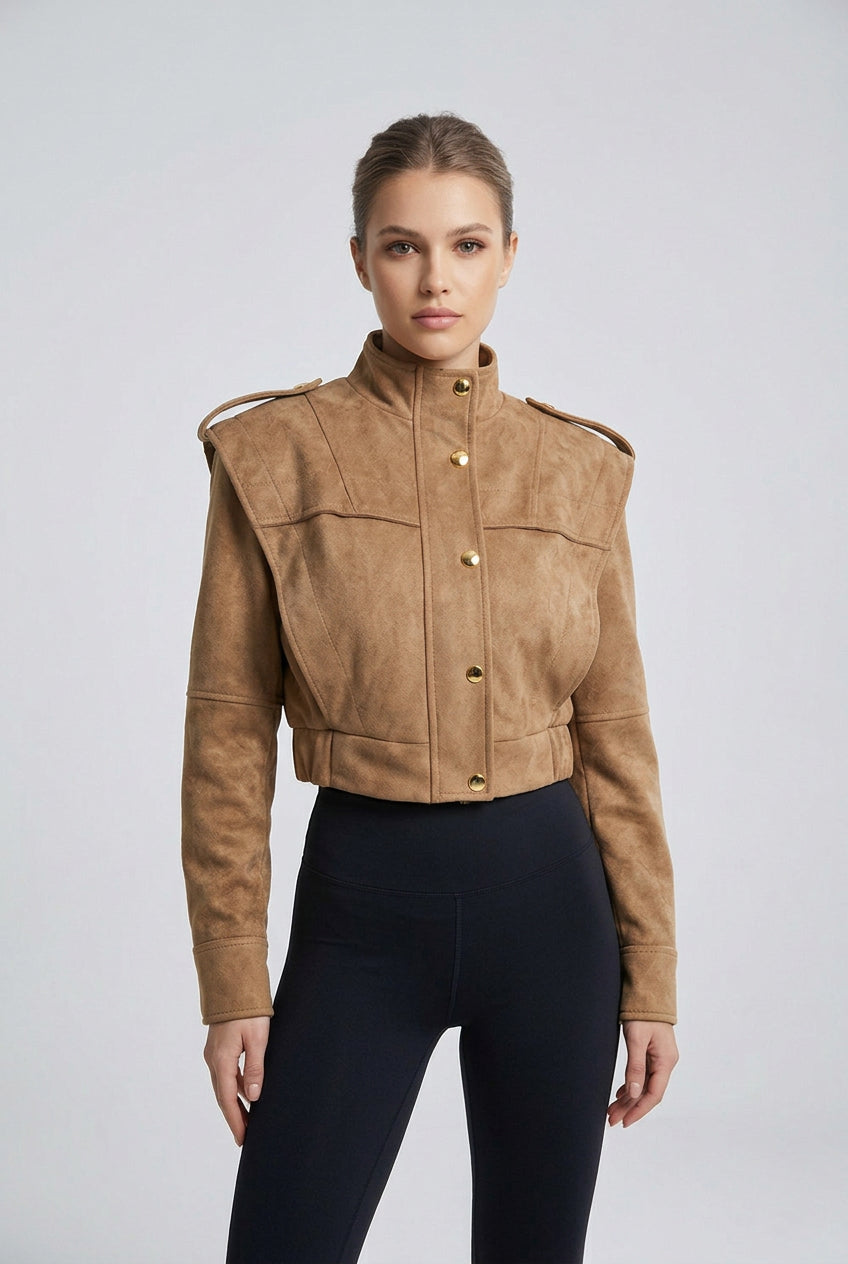 The City Edit women's short stand-collar jacket, available in black and khaki.