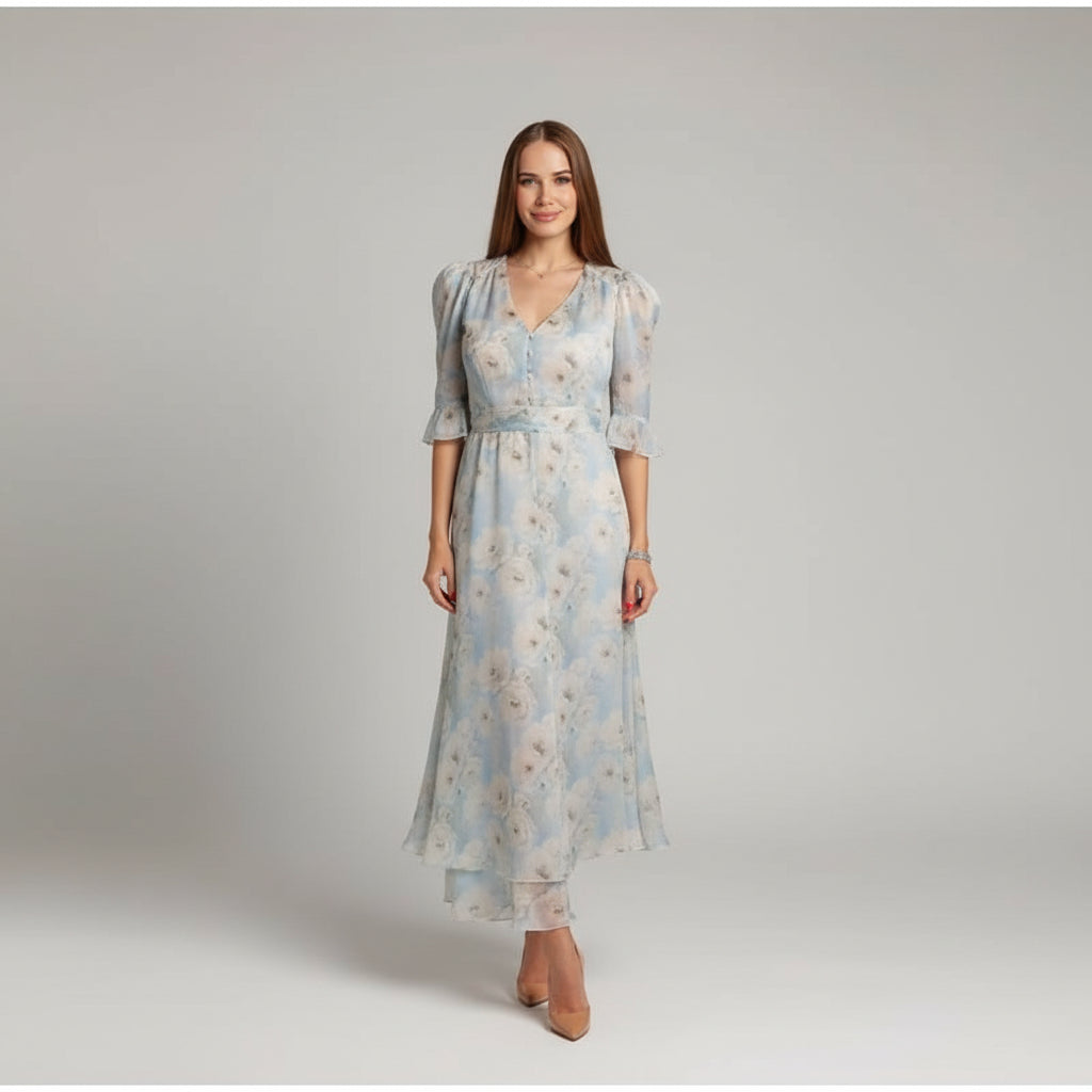 floral chiffon dress, ruffle midi dress, elegant floral dress, women's chiffon dress, V-neck floral dress, summer midi dress, vacation dress, wedding guest dress, romantic floral dress, European summer outfit, feminine midi dress, floral party dress, resort wear dress, date night dress, classy women's dress, lightweight chiffon dress, spring floral dress, elegant summer dress, garden party dress, boutique women's dress, stylish floral dress, side slit midi dress, flowy floral dress, luxury summer dress, chi