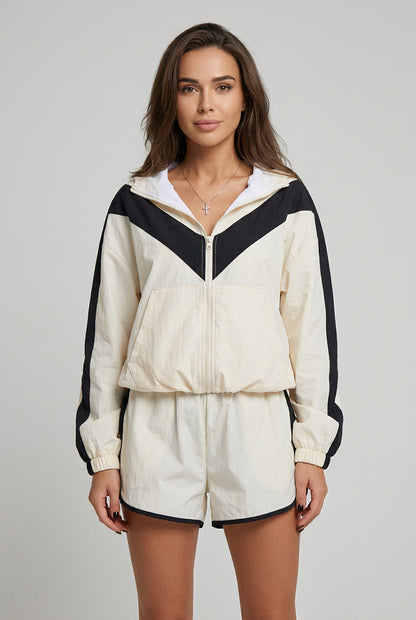 Contrast panel zip-up jacket and matching shorts set