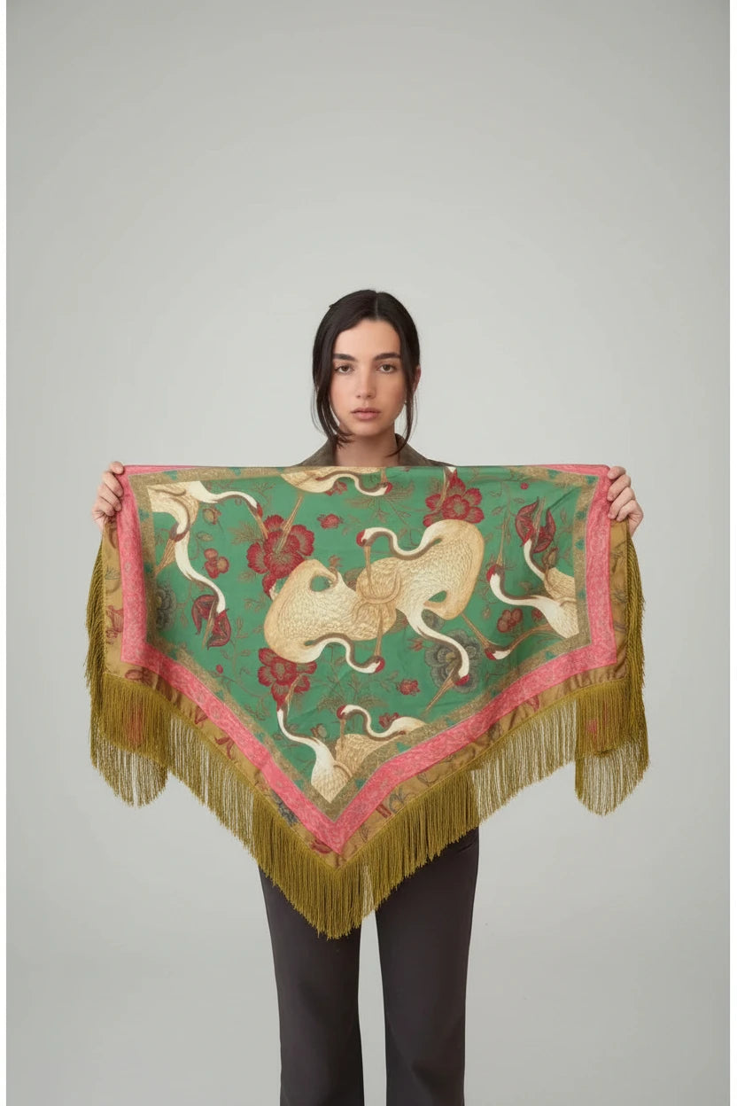 vintage satin scarf, tassel scarf, printed satin scarf, square scarf women, fringe trim scarf, fashion scarf, women's printed scarf, satin neck scarf, shoulder wrap scarf, hair scarf, handbag scarf, 70x70 scarf, versatile fashion accessories, spring summer scarf, 
