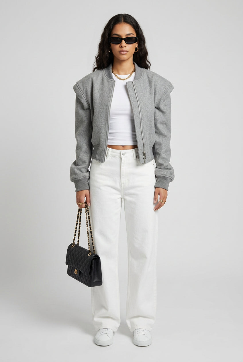 Gray double-zip jacket styled with casual everyday clothing