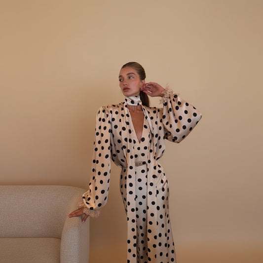 women’s satin maxi dress, polka dot maxi dress, elegant maxi dress for women, long sleeve maxi dress, satin polka dot dress, classy women’s dresses, wedding guest maxi dress, modest elegant dress, evening maxi dress, flowy satin dress, formal maxi dress women, black and white polka dot dress, chic women’s fashion, trendy maxi dresses, feminine satin dress, vacation maxi dress, birthday outfit dress, luxury women’s dress, timeless polka dot dress, elegant long sleeve dress, boutique maxi dress, special occas