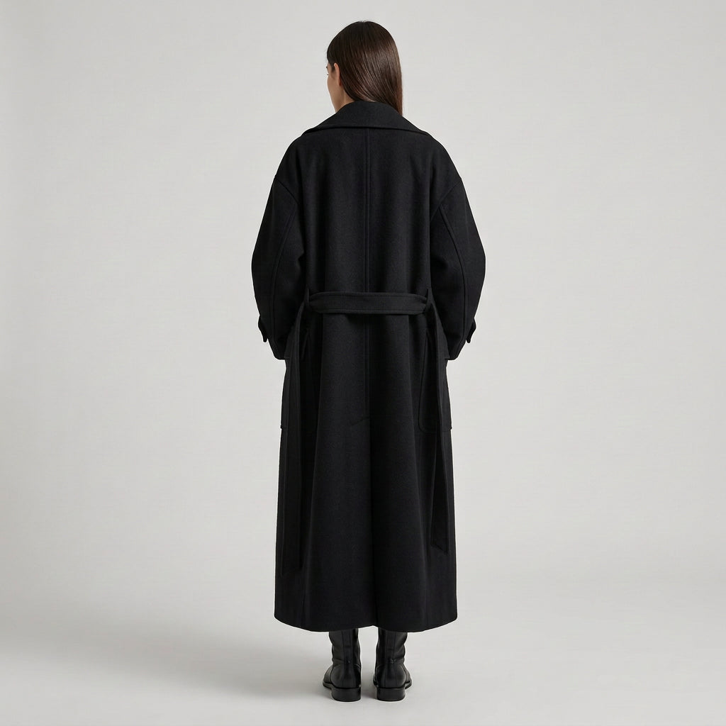 Double-breasted coat showing its tailored silhouette and pockets