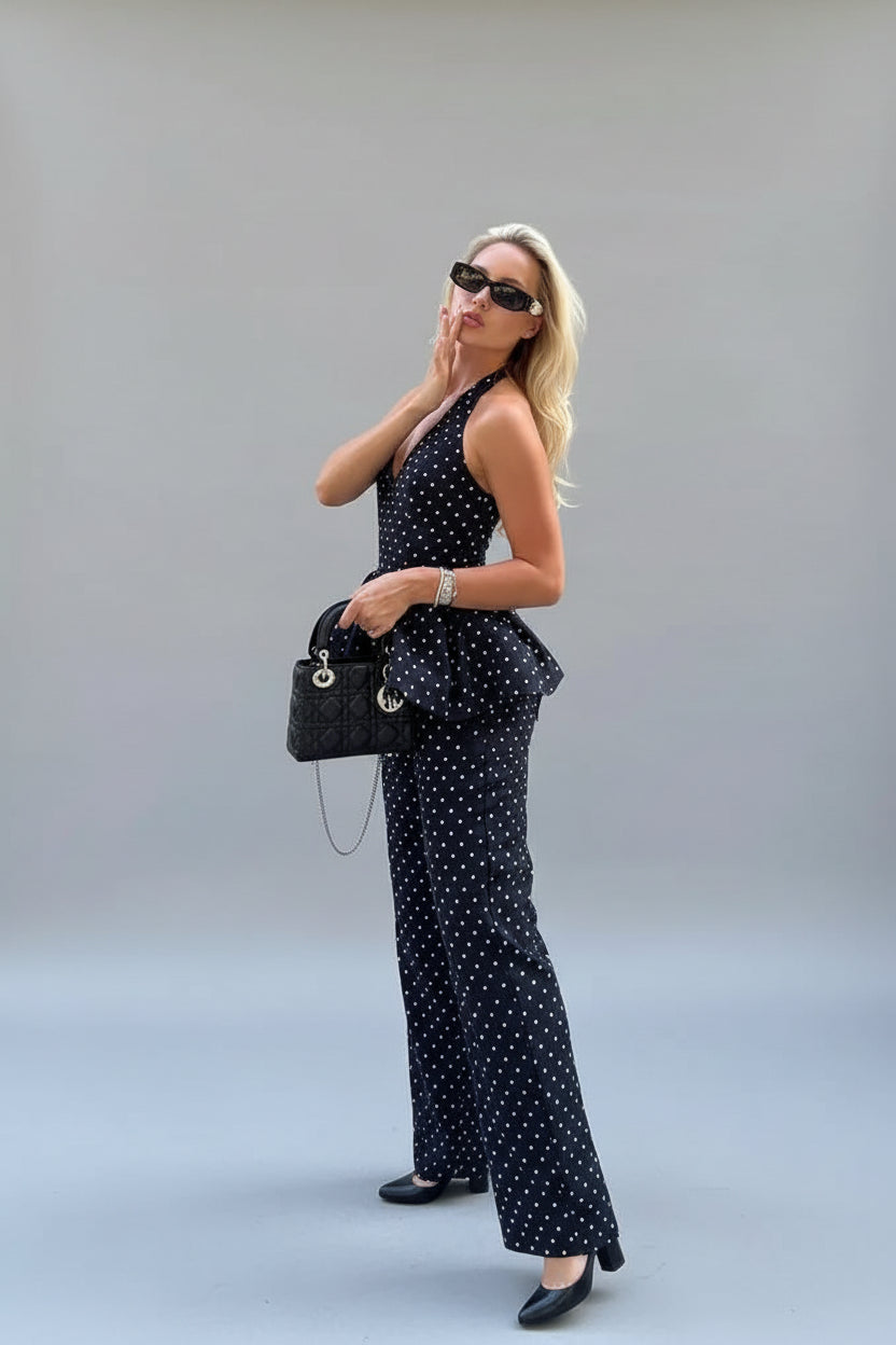 polka dot pants set, polka dot two piece set, women's polka dot set, halter pants set women, wide leg pants set, polka dot outfit women, matching pants set women, two piece outfit women, V neck halter top, lace up backless top, wide leg pants outfit, women's summer outfit, chic matching set, black and white pants set, vacation outfit women, brunch outfit women, date night outfit, women's boutique fashion