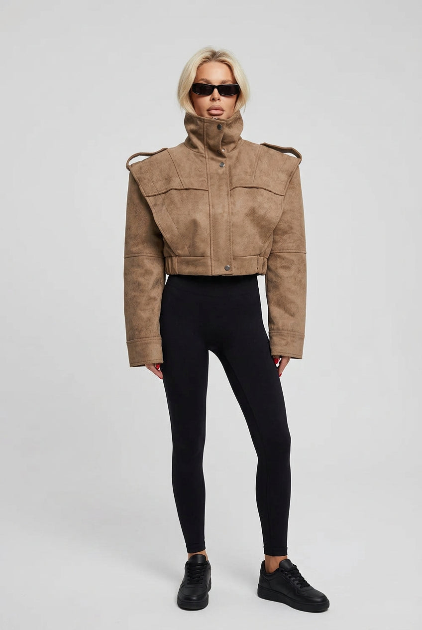 The City Edit women's short stand-collar jacket, available in black and khaki.