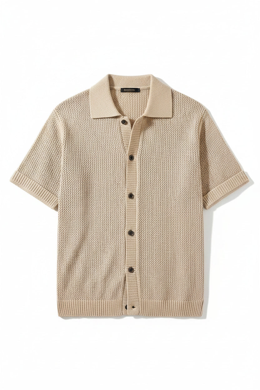 men's crochet polo shirt, crochet knit polo, short sleeve polo shirt, breathable knit polo, men's summer shirt, button up polo shirt, lightweight polo shirt, textured knit polo, men's casual polo, summer knit shirt, men's fashion polo, smart casual menswear, men's summer clothing, men's resort wear, breathable summer top