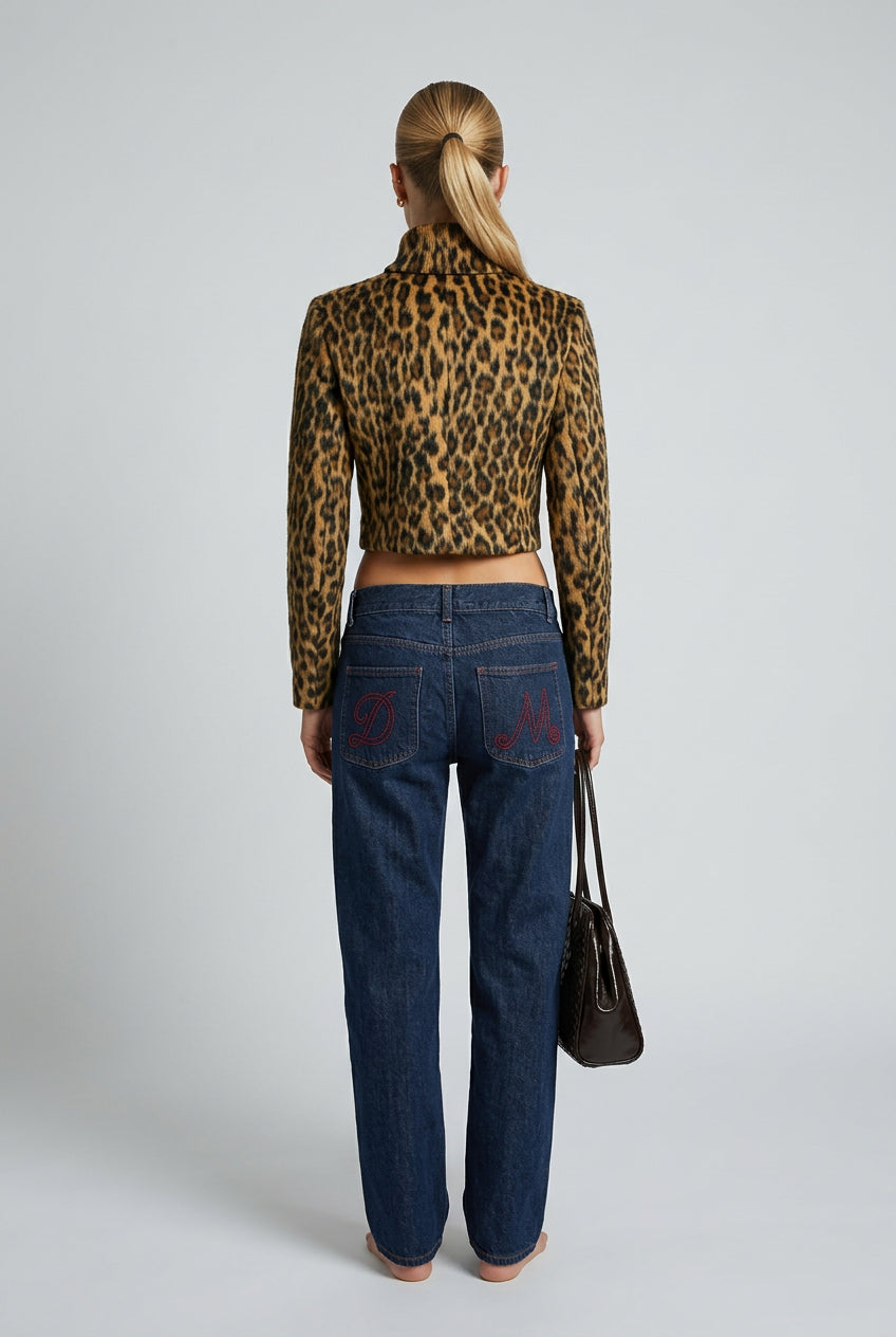 Women's cropped leopard faux fur jacket with long sleeves