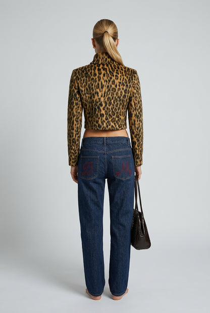 Women's cropped leopard faux fur jacket with long sleeves