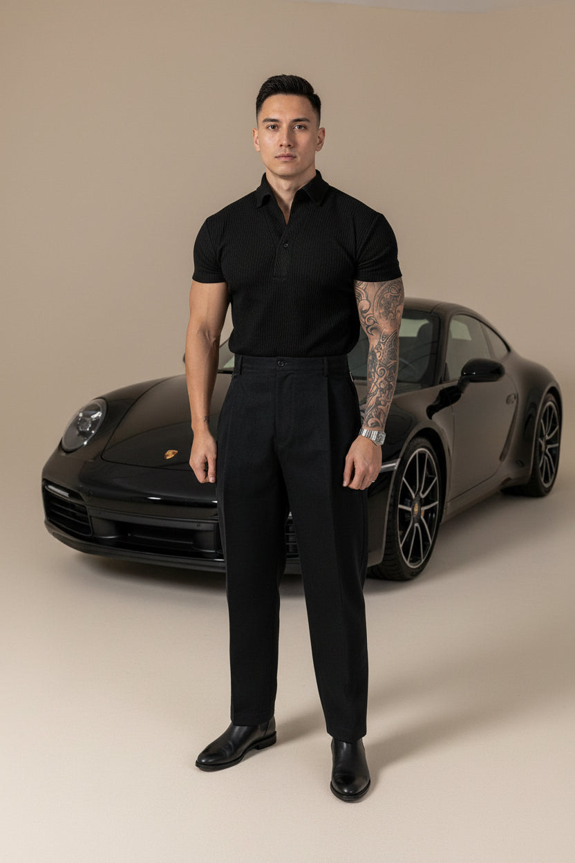 men's ribbed polo shirt, fitted polo shirt, knit polo shirt, short sleeve polo shirt, men's casual polo, slim fit polo shirt, stretch polo shirt, men's smart casual clothing, ribbed knit polo, spread collar polo shirt, men's summer polo, men's fashion polo, breathable polo shirt, men's wardrobe essentials, modern men's clothing