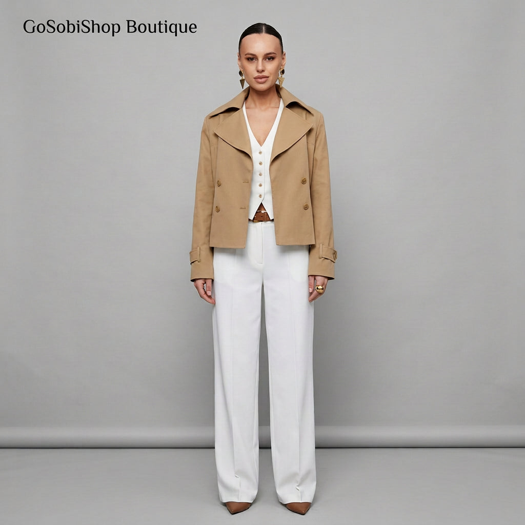 Women's khaki coat and straight midi skirt outfit inspiration