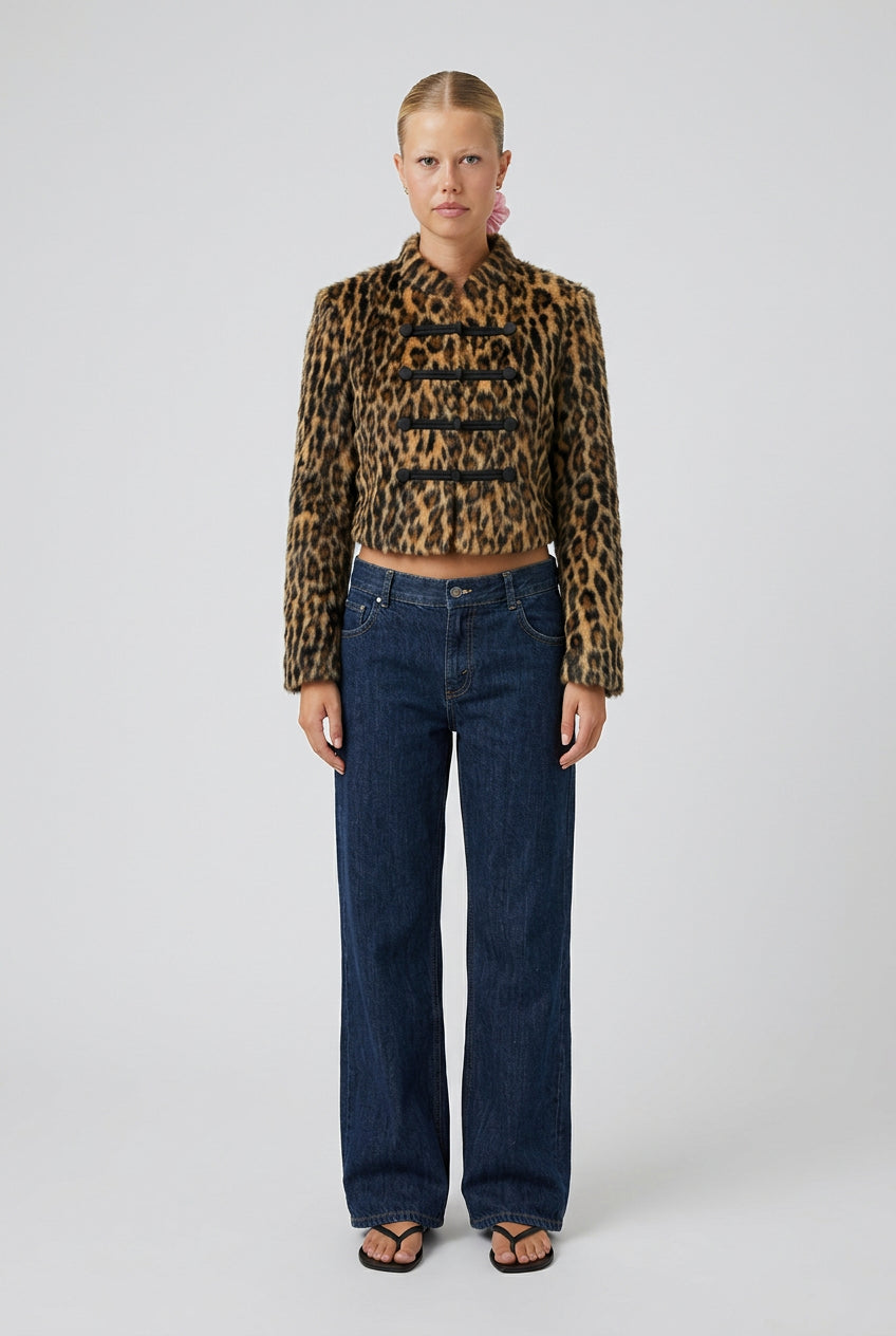 Mandarin Leopard Faux Fur Jacket for autumn and winter outfits
