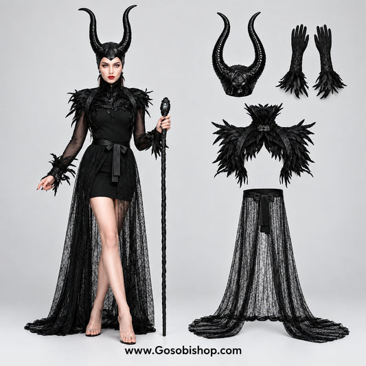 Dark Queen 4-piece Halloween costume for women
Women's dark fantasy Halloween costume with horned headwear
Dark Queen costume with sheer mesh and tulle details
Women's horned Halloween cosplay costume
Four-piece dark fantasy costume for Halloween
Women's Halloween costume styled for a party
Dark Queen Halloween costume close-up