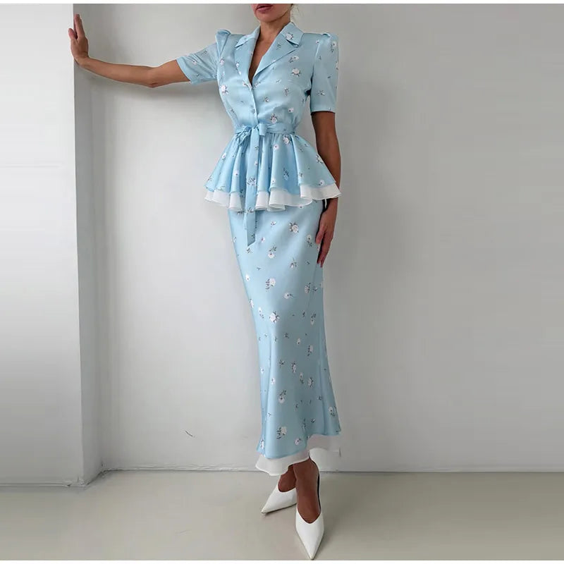 elegant two piece set women, floral bodycon skirt set, summer outfit women 2026, slim fit matching set women, classy women outfit set, structured two piece outfit, women floral skirt set, elegant summer co-ord set, ladies matching outfit set, chic two piece dress alternative, EU size women clothing, cm size chart women outfit