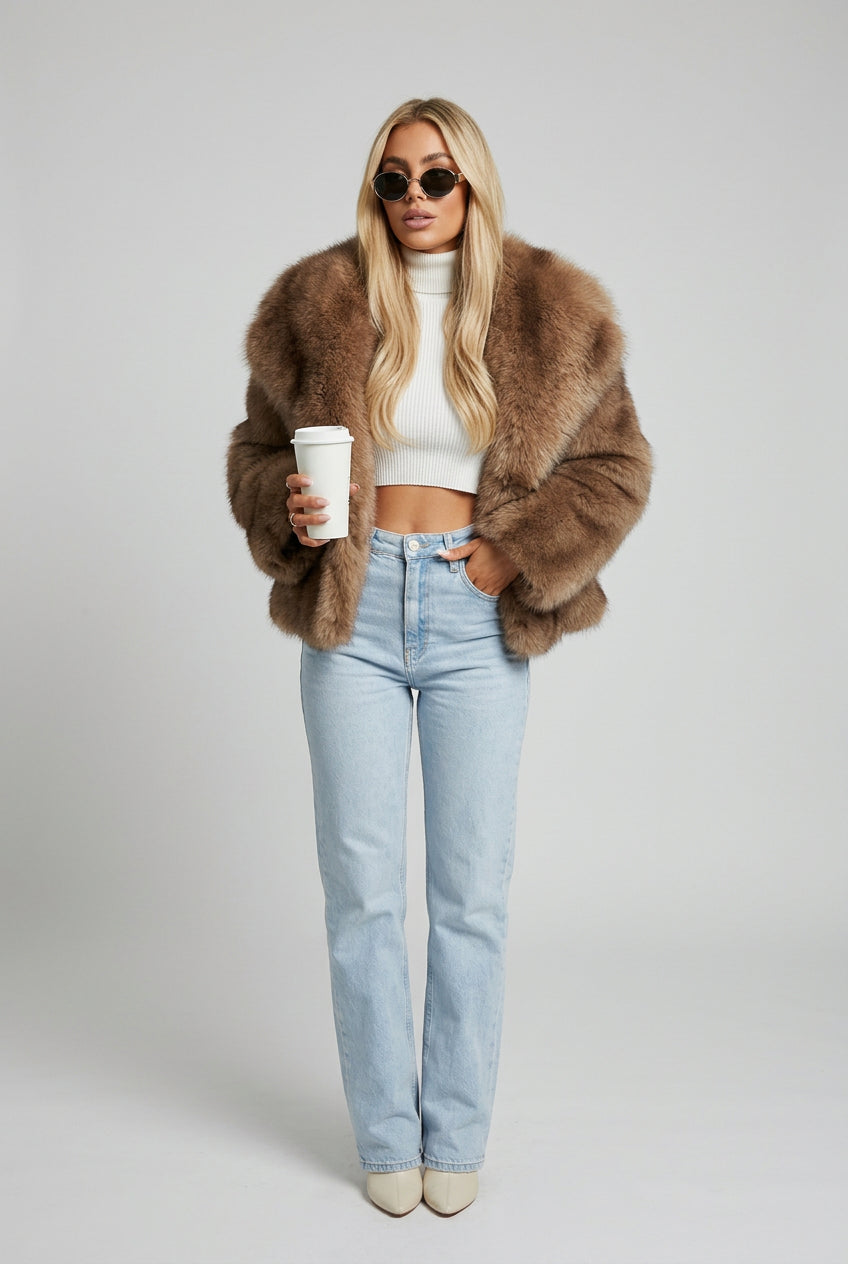 Striped faux fur coat with long sleeves and relaxed fit