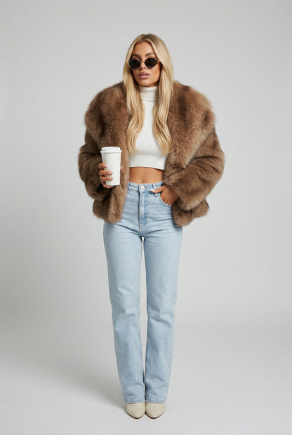 Striped faux fur coat with long sleeves and relaxed fit