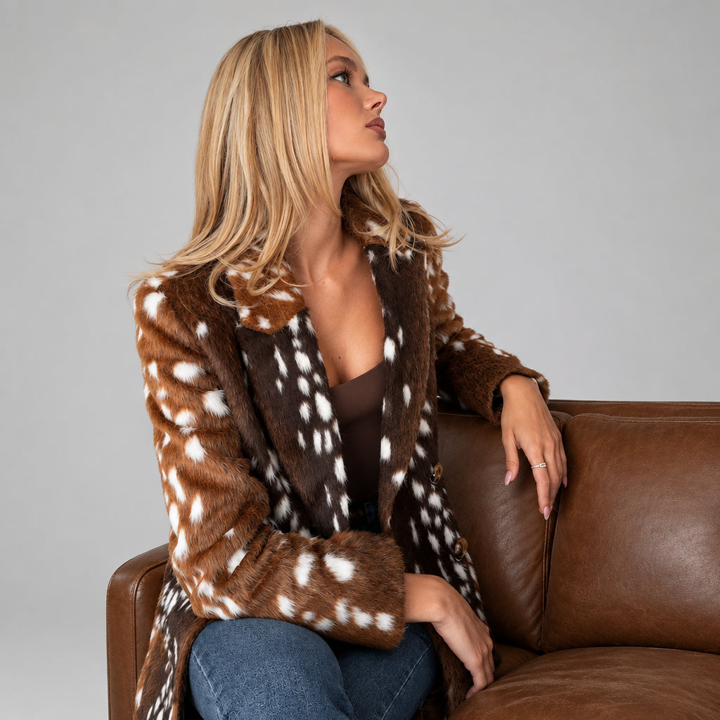 Brown deer print faux fur coat for women
Women's brown deer print faux fur coat front view
Long brown deer print faux fur coat with notched lapel
Women's oversized deer print faux fur coat
Brown faux fur coat with deer print and double-breasted front
Close-up of brown deer print faux fur coat texture
Women's long deer print faux fur coat styled for fall
Brown deer print faux fur coat back view
Side view of women's brown deer print faux fur coat
Model wearing brown deer print faux fur coat