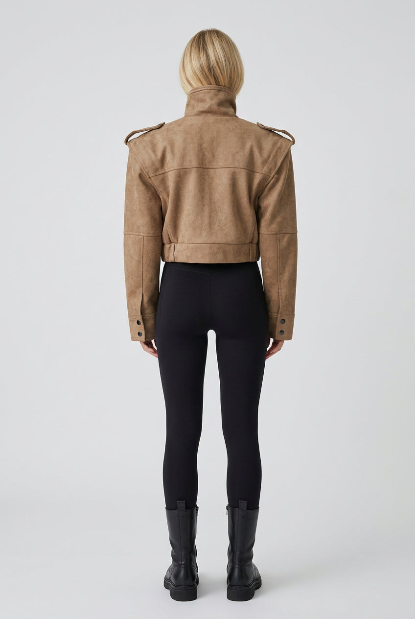 The City Edit women's short stand-collar jacket, available in black and khaki.
