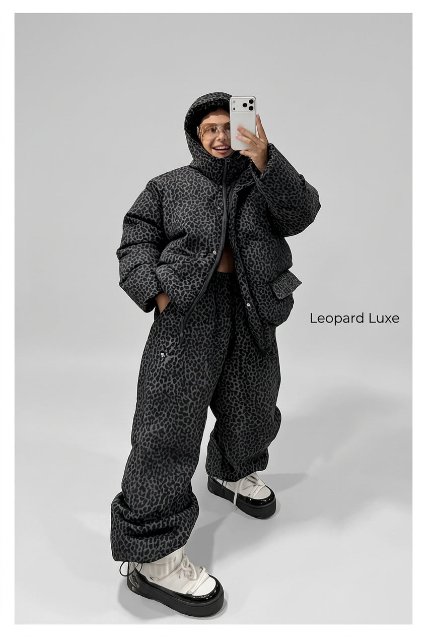 Leopard print puffer outfit shown as a coordinated two-piece look