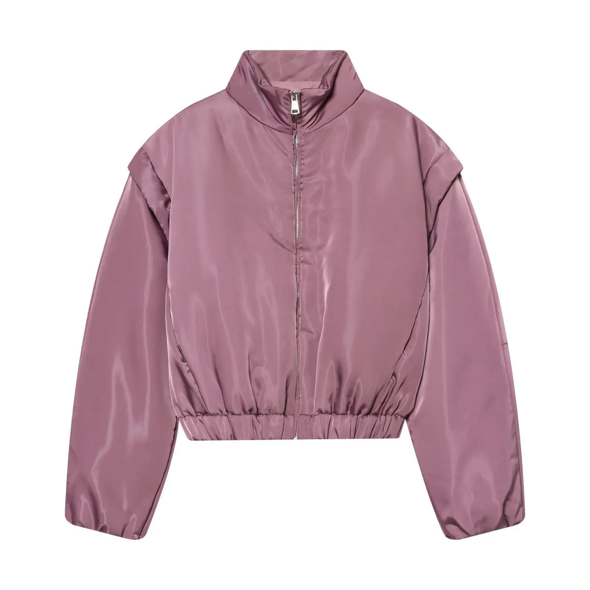 Glossy satin bomber jacket with full zip front and long sleeves