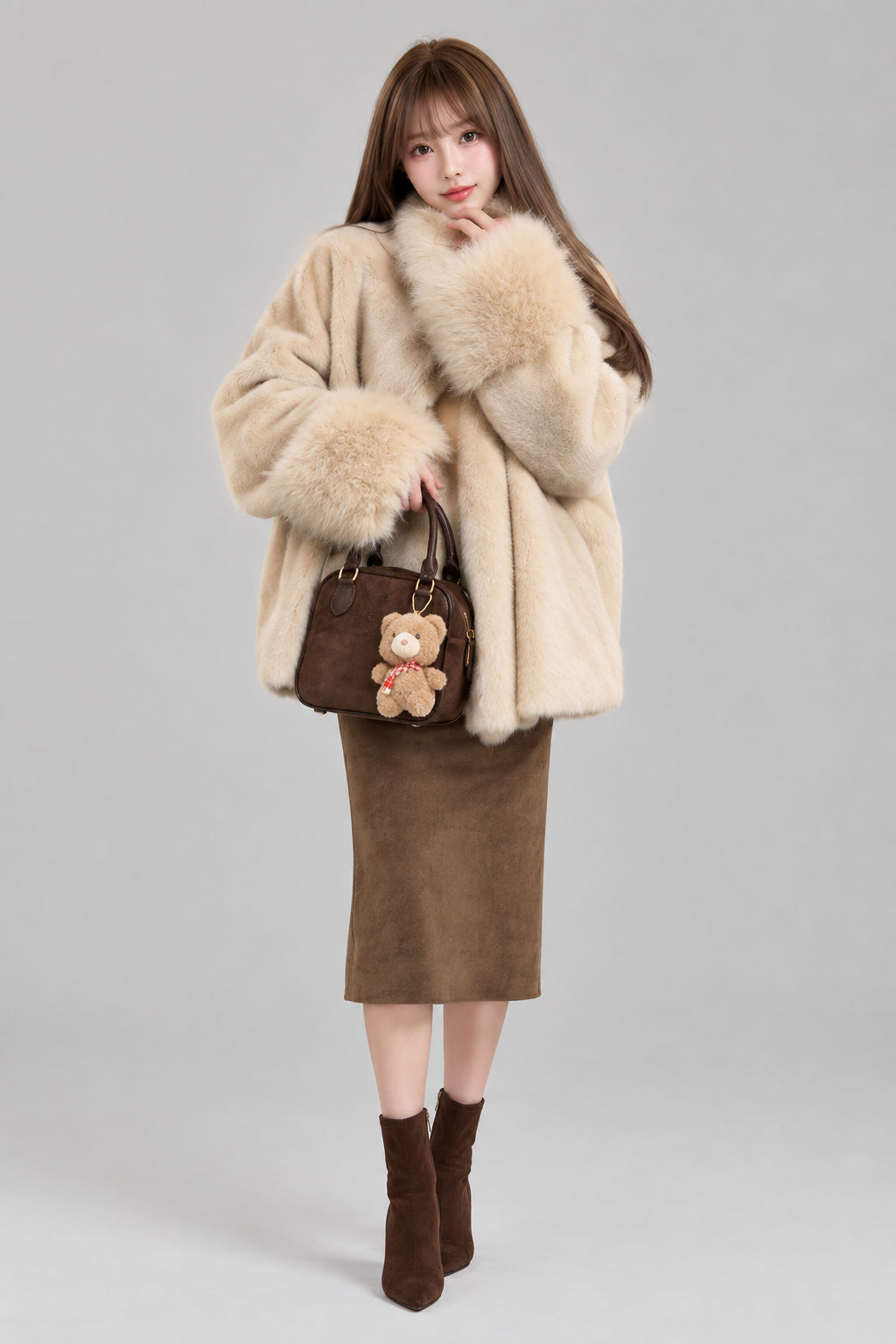 Women's one-size fur-collar coat detail