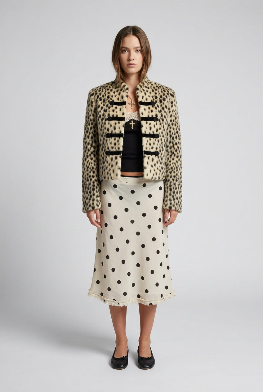 Cropped leopard-print faux fur jacket with a mandarin collar