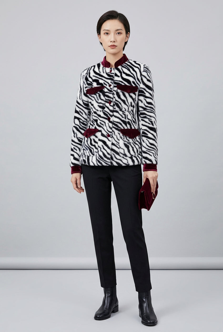 Detail of the button front on the zebra print coat