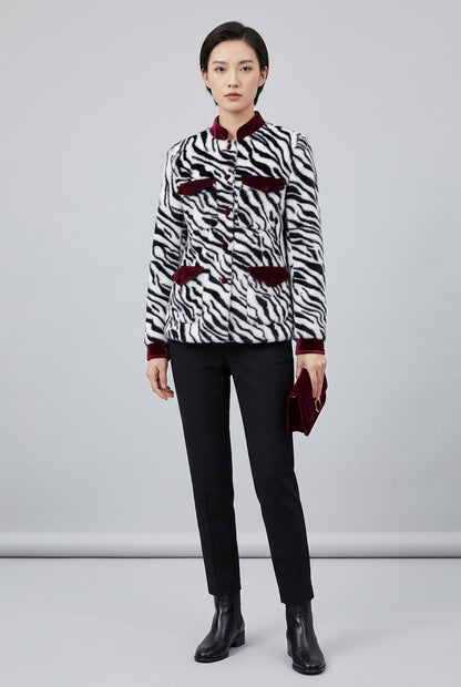 Detail of the button front on the zebra print coat