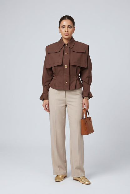 Women's belted cape-lapel jacket with cape-inspired lapel