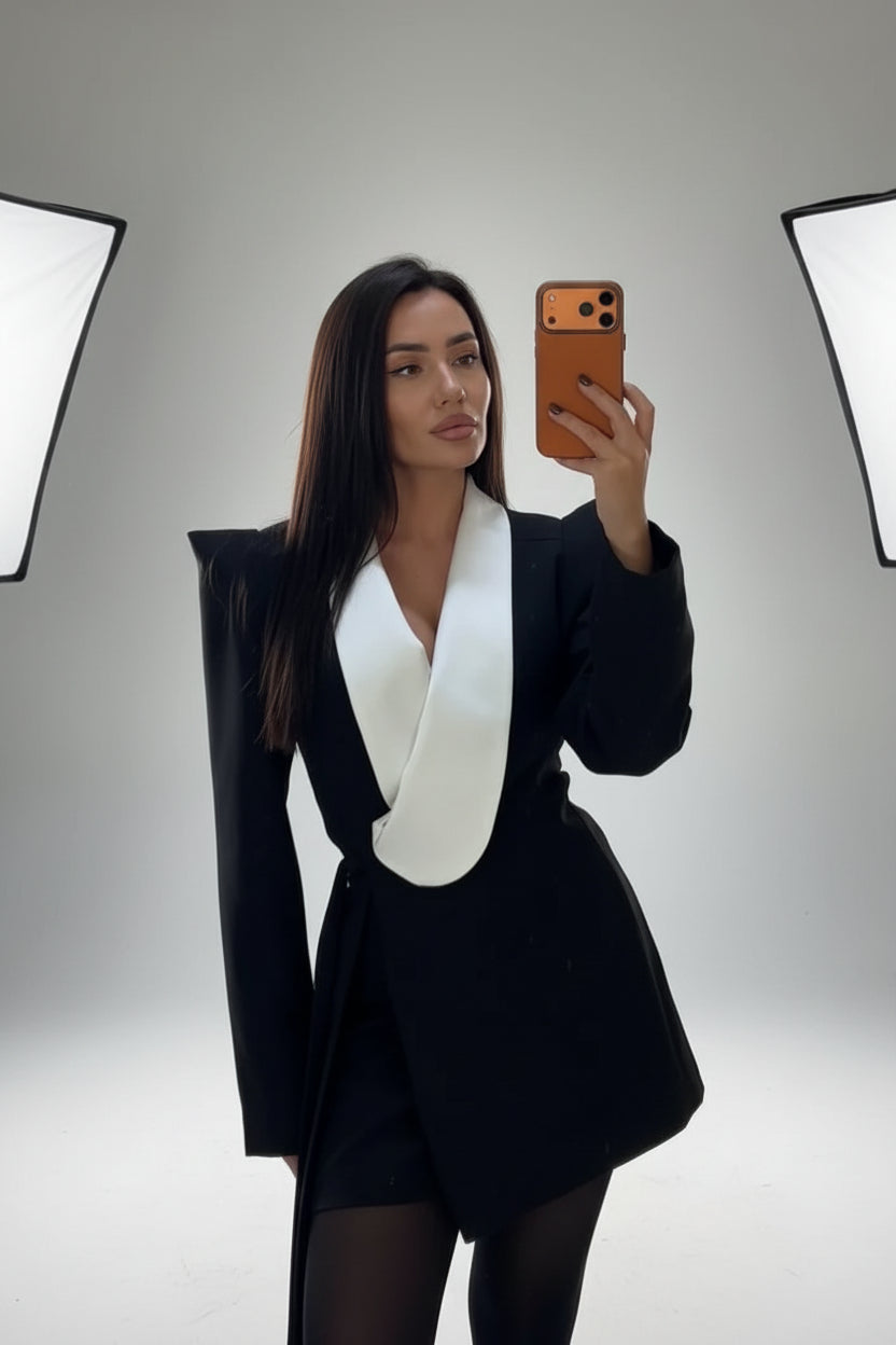 black and white blazer dress, color block blazer dress, women's blazer dress, black white dress women, tailored mini dress, elegant workwear dress, women's work dress, blazer style dress women, sophisticated women's dress, slim fit dress women, black white fashion, business casual dress women, office dress women, dinner date dress, cocktail dress women, fall fashion 2026, fall dress women, elegant workwear women, tailored dress women, chic women's fashion