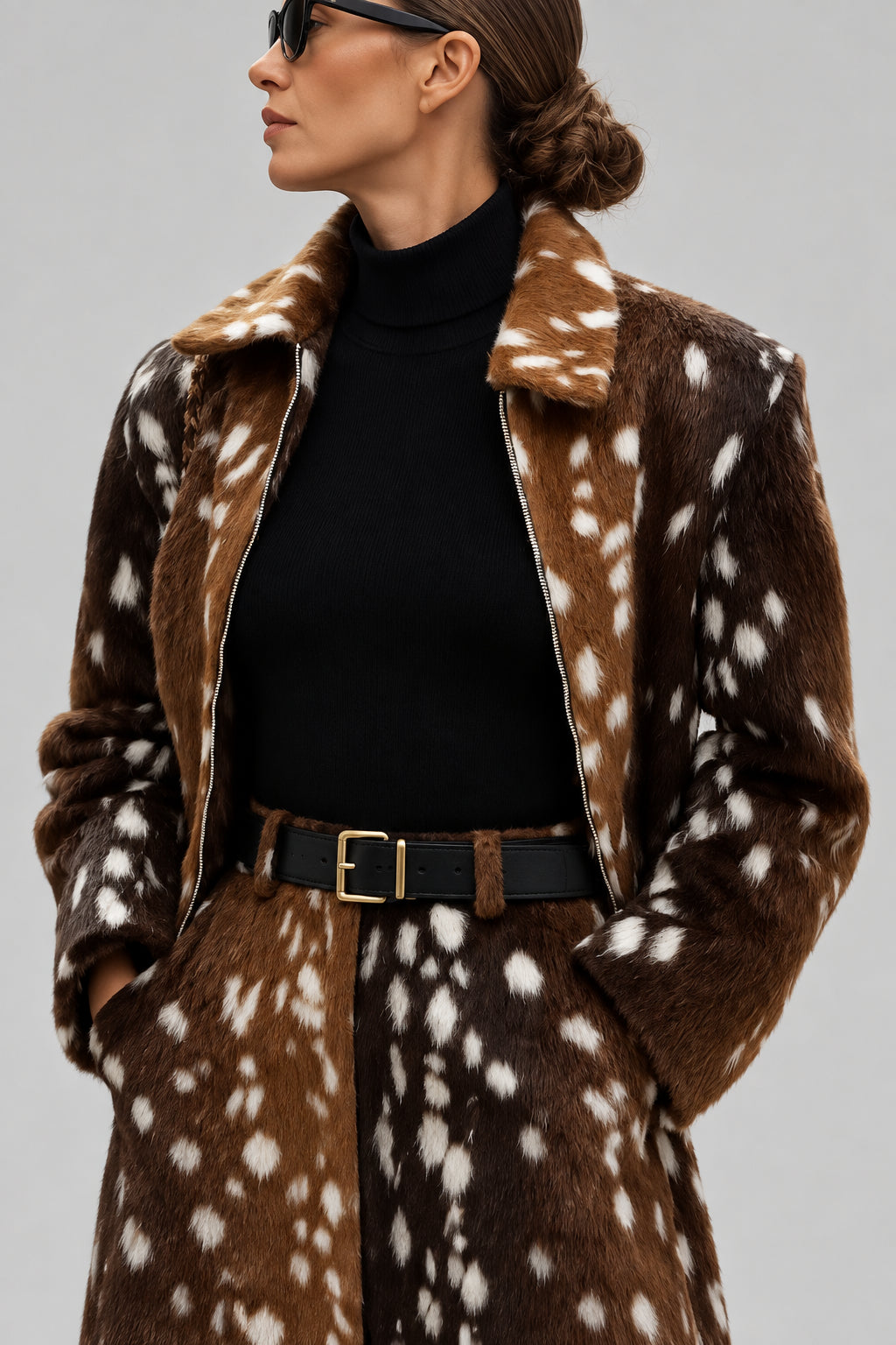 deer print jacket women, deer print coat women, deer print outfit women, deer print skirt set, faux fur deer print jacket, deer print faux fur coat, brown faux fur jacket women, spotted faux fur jacket, deer print suit women, matching jacket and skirt set, faux fur outfit women, statement fall jacket, women’s fall outerwear, women’s winter fashion