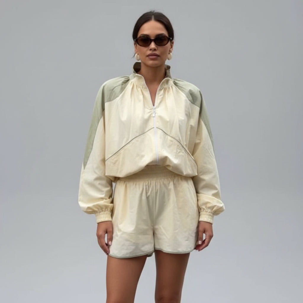 women's two piece shorts set, women's matching shorts set, color block two piece set, women's windbreaker set, women's jacket and shorts set, sporty two piece set women, women's summer outfit set, women's casual two piece outfit, women's athleisure set, women's streetwear set, matching jacket and shorts women, women's vacation outfit, women's travel outfit, women's weekend outfit, women's sporty outfit, women's casual set with shorts, color block outfit women, women's summer matching set, women's tracksuit 