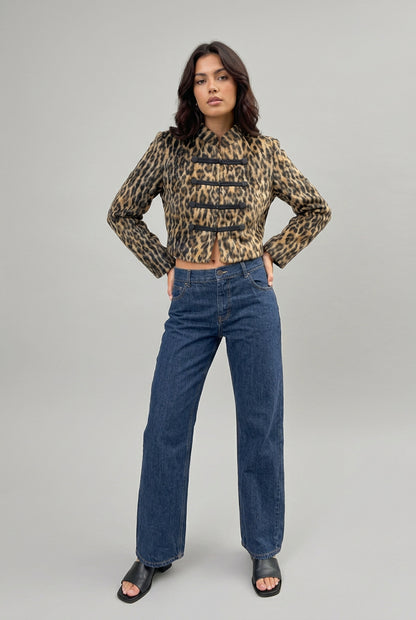 Detail of the leopard pattern on the Mandarin Leopard Faux Fur Jacket