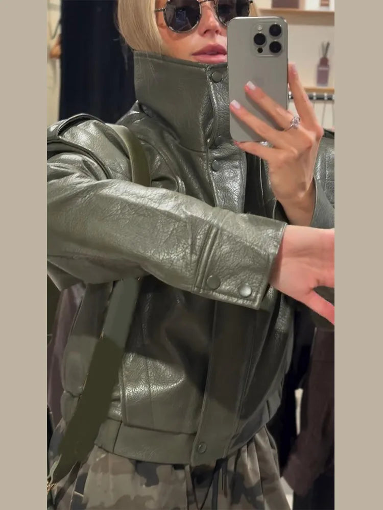 Stand-collar cropped jacket showing its overall silhouette