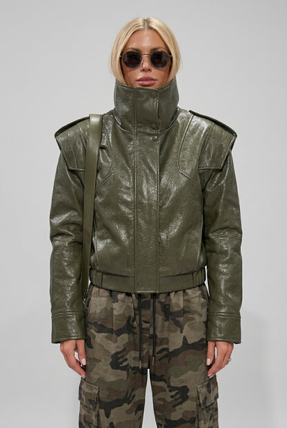 Stand-collar cropped jacket showing its overall silhouette