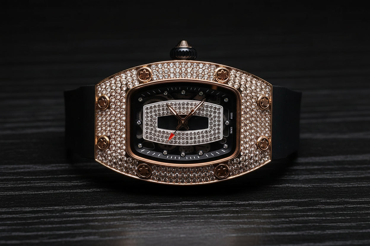 Luxury vortex iced out rubber strap wrist watch.