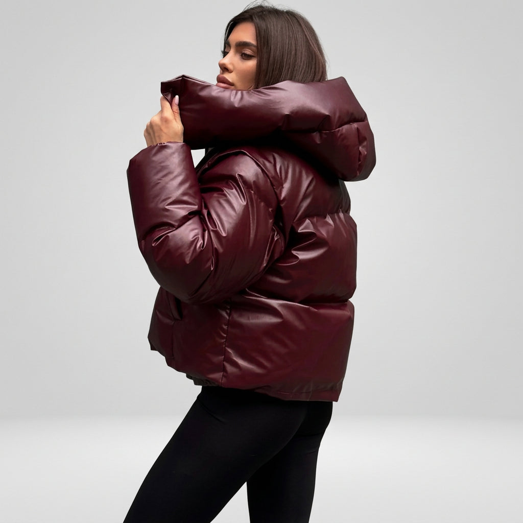 Side view of The Nova Puffer hooded outerwear