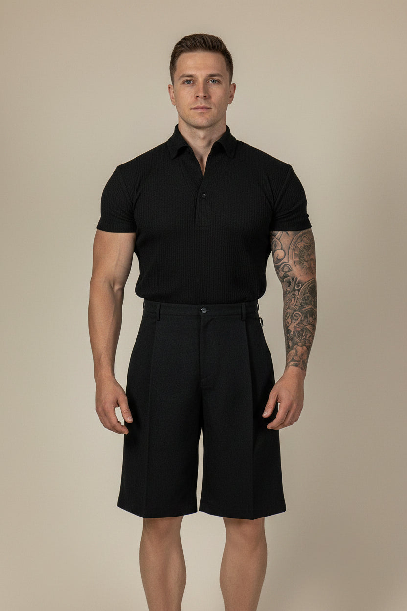 men's ribbed polo shirt, fitted polo shirt, knit polo shirt, short sleeve polo shirt, men's casual polo, slim fit polo shirt, stretch polo shirt, men's smart casual clothing, ribbed knit polo, spread collar polo shirt, men's summer polo, men's fashion polo, breathable polo shirt, men's wardrobe essentials, modern men's clothing