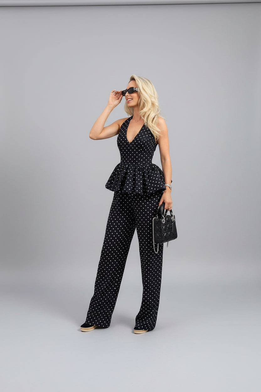 polka dot pants set, polka dot two piece set, women's polka dot set, halter pants set women, wide leg pants set, polka dot outfit women, matching pants set women, two piece outfit women, V neck halter top, lace up backless top, wide leg pants outfit, women's summer outfit, chic matching set, black and white pants set, vacation outfit women, brunch outfit women, date night outfit, women's boutique fashion