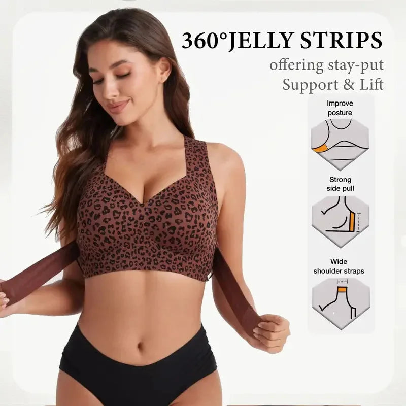Women's leopard print wireless support bra, back view with adjustable straps