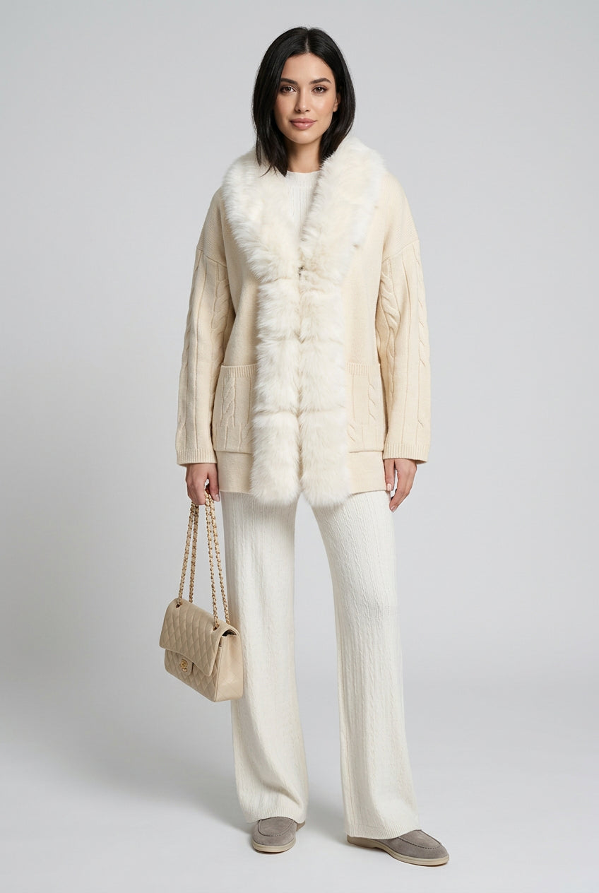 Brown faux-fur-trim cardigan showing its regular-length silhouette