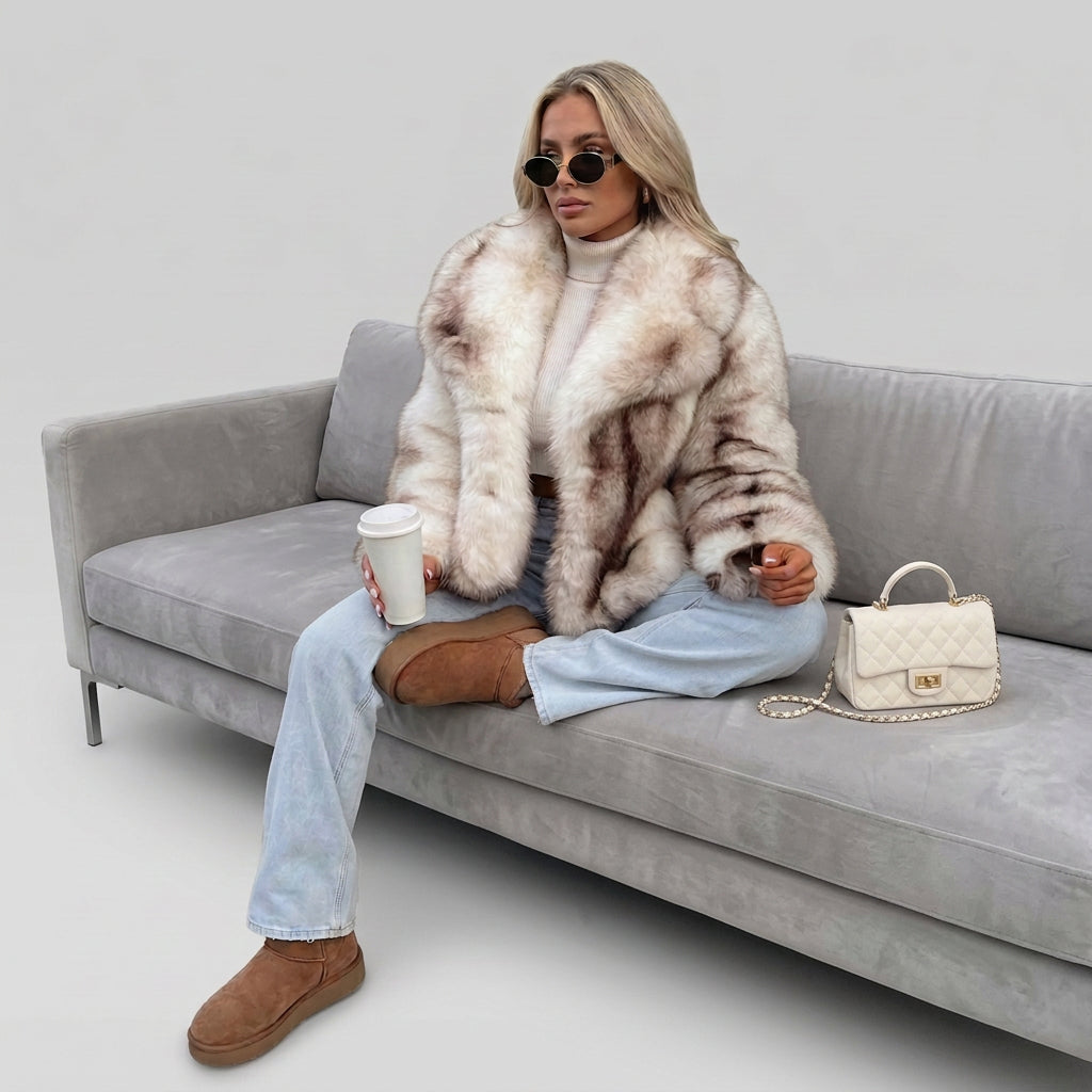 Striped faux fur coat showing the collar and button closure

