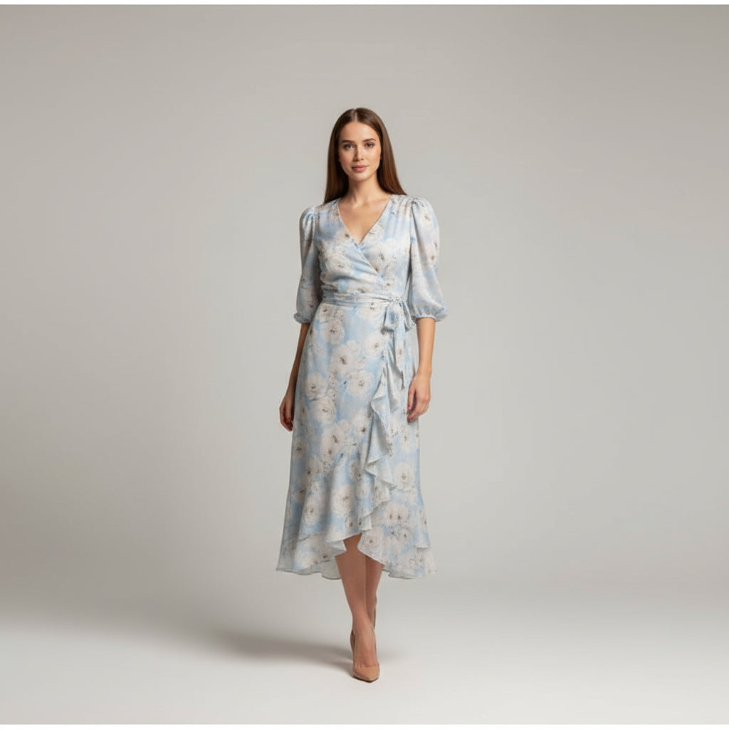 floral chiffon dress, ruffle midi dress, elegant floral dress, women's chiffon dress, V-neck floral dress, summer midi dress, vacation dress, wedding guest dress, romantic floral dress, European summer outfit, feminine midi dress, floral party dress, resort wear dress, date night dress, classy women's dress, lightweight chiffon dress, spring floral dress, elegant summer dress, garden party dress, boutique women's dress, stylish floral dress, side slit midi dress, flowy floral dress, luxury summer dress, chi