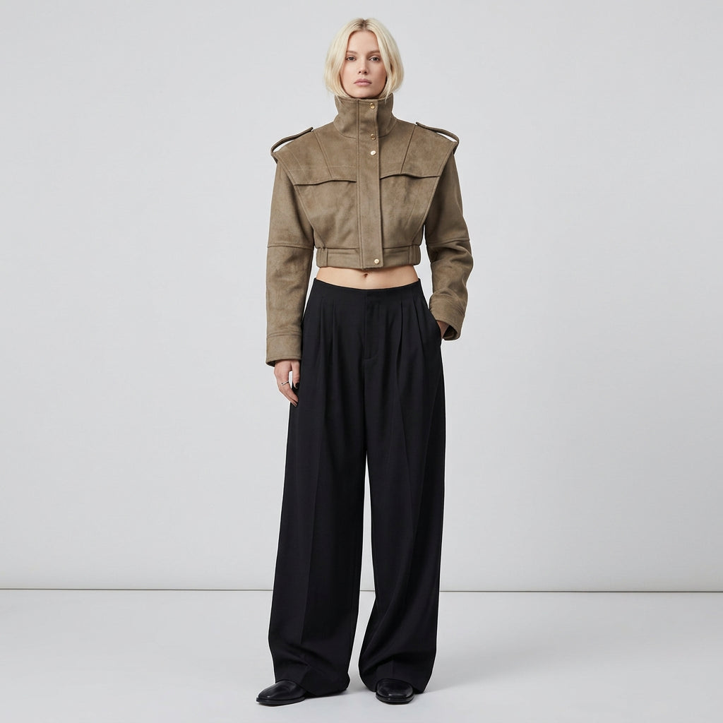 The City Edit women's short stand-collar jacket, available in black and khaki.