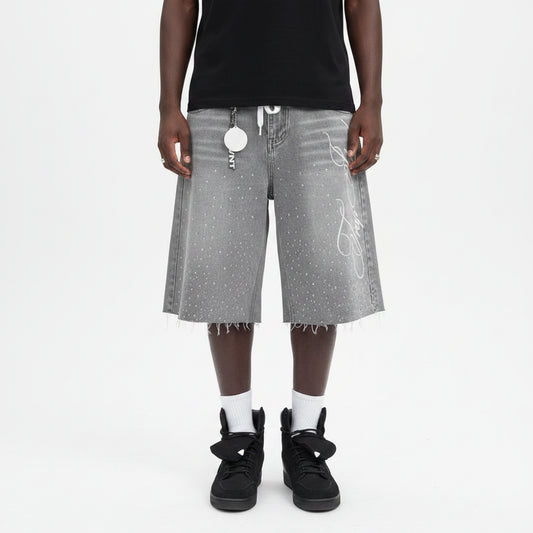 baggy denim jorts, rhinestone jorts, men’s streetwear shorts, Y2K denim shorts, hip hop fashion shorts, oversized jean shorts, long denim jorts, streetwear clothing men, baggy jean shorts men, urban fashion jorts