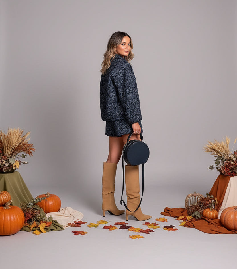 women's paisley two piece set, women's fall two piece outfit, paisley outfit women, fall outfit women 2026, women's matching set, long sleeve two piece set, jacket and shorts set women, vintage inspired outfit women, chic fall outfit women, autumn outfit women, women's casual two piece set, fall fashion 2026, women's boutique clothing, pumpkin picking outfit, fall photoshoot outfit, brunch outfit women, autumn matching set, navy blue two piece set, stylish fall outfits